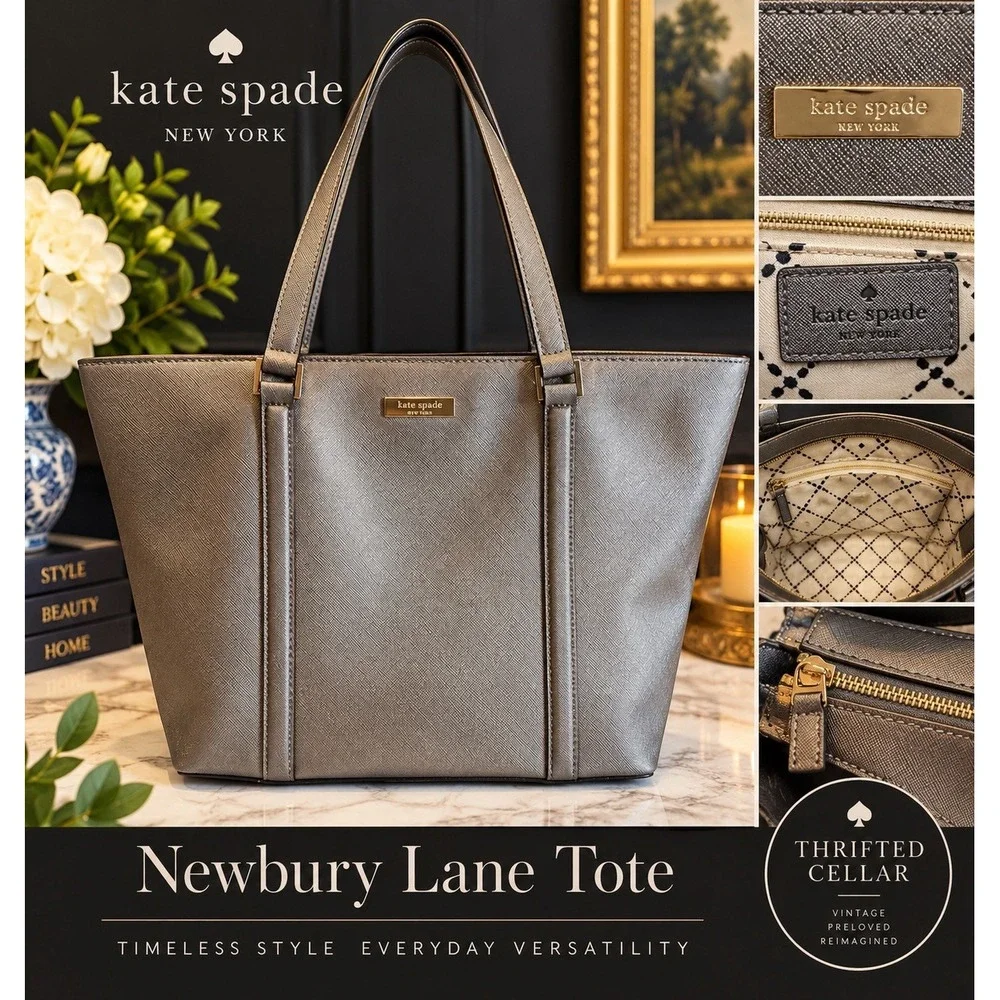 Kate Spade Newbury Lane Metallic Gray Saffiano Tote Bag Large Zip Top WKRU3526